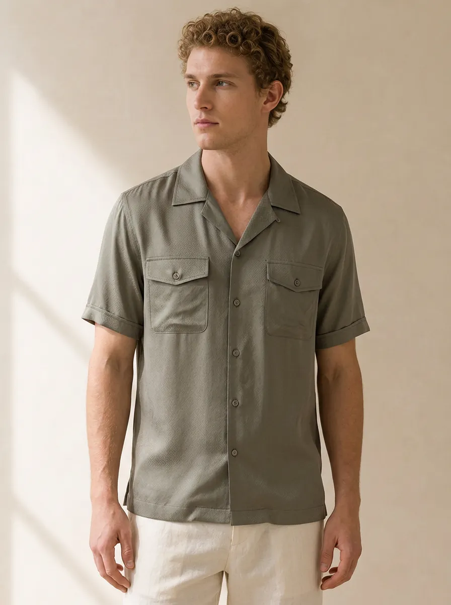 Men's Minimalist Olive Geometric Pattern Printed Camp Shirt
