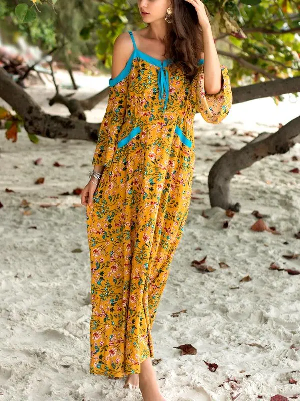 Boho Off-the-shoulder Strap Long-sleeved Printed Dress Beach Casual Holiday Long Dress