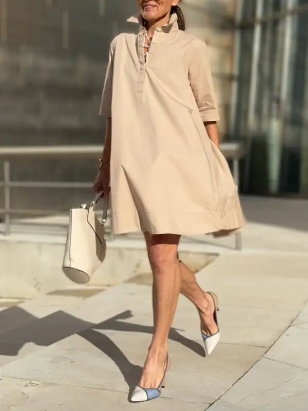 A Line Short Sleeve Solid Color Split Joint Lapel Mini Dress