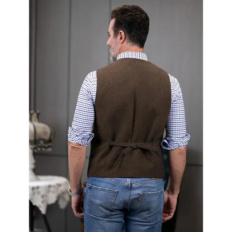 Men's Tweed Cowboy Vests Hunting Fishing Wool Herringbone