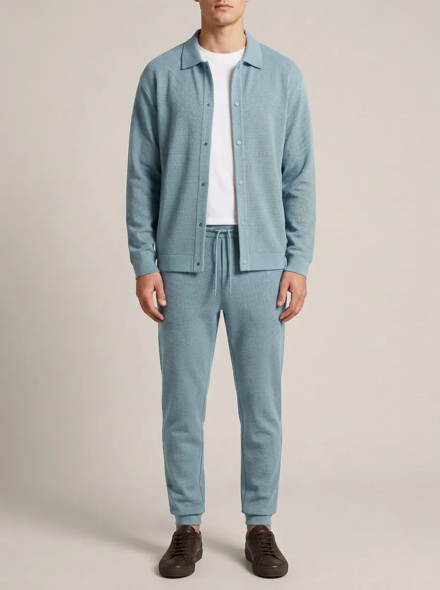 Men's Contemporary Textured Polo Collar Jacket and Jogger Pants Set