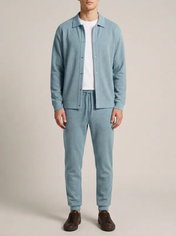 Men's Contemporary Textured Polo Collar Jacket and Jogger Pants Set