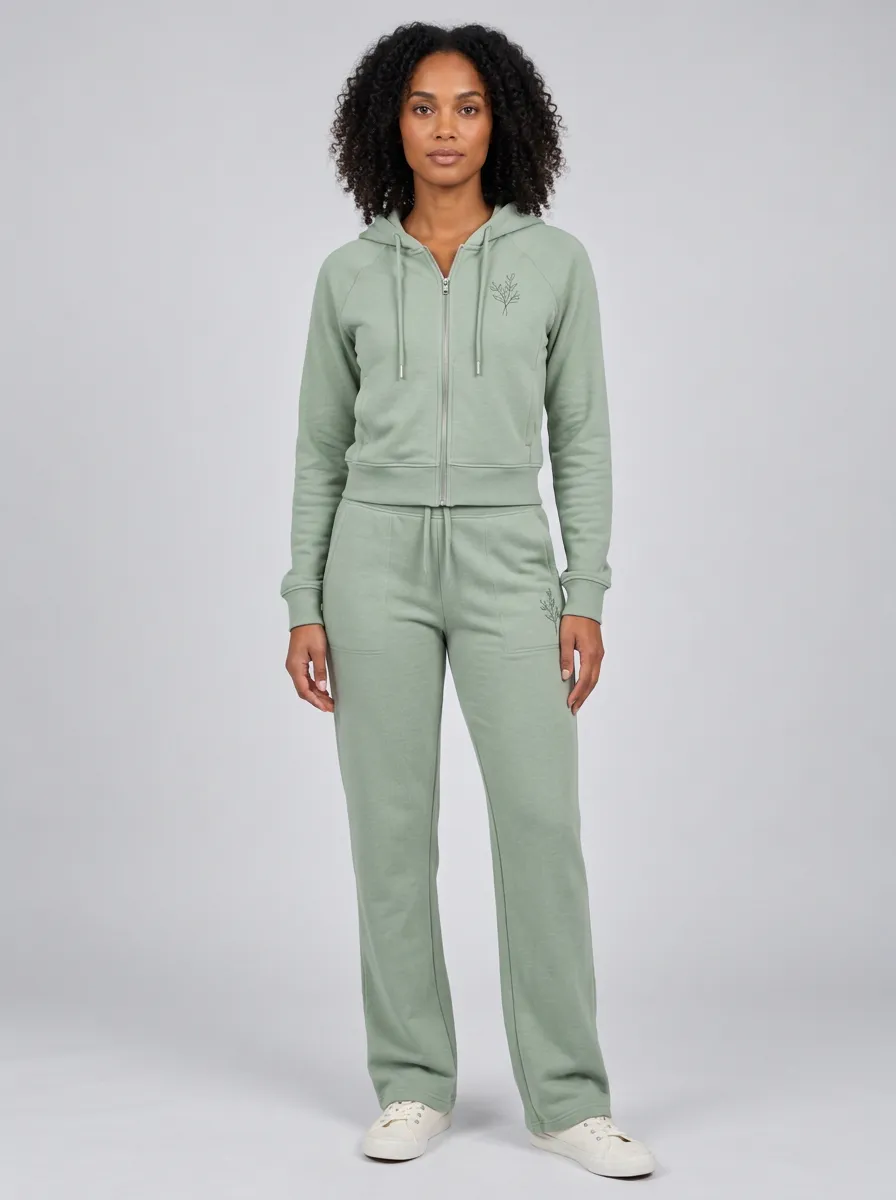 Women's Sage Green Straight-Leg Joggers Zip-Up Hoodie Jacket & Jogger Set