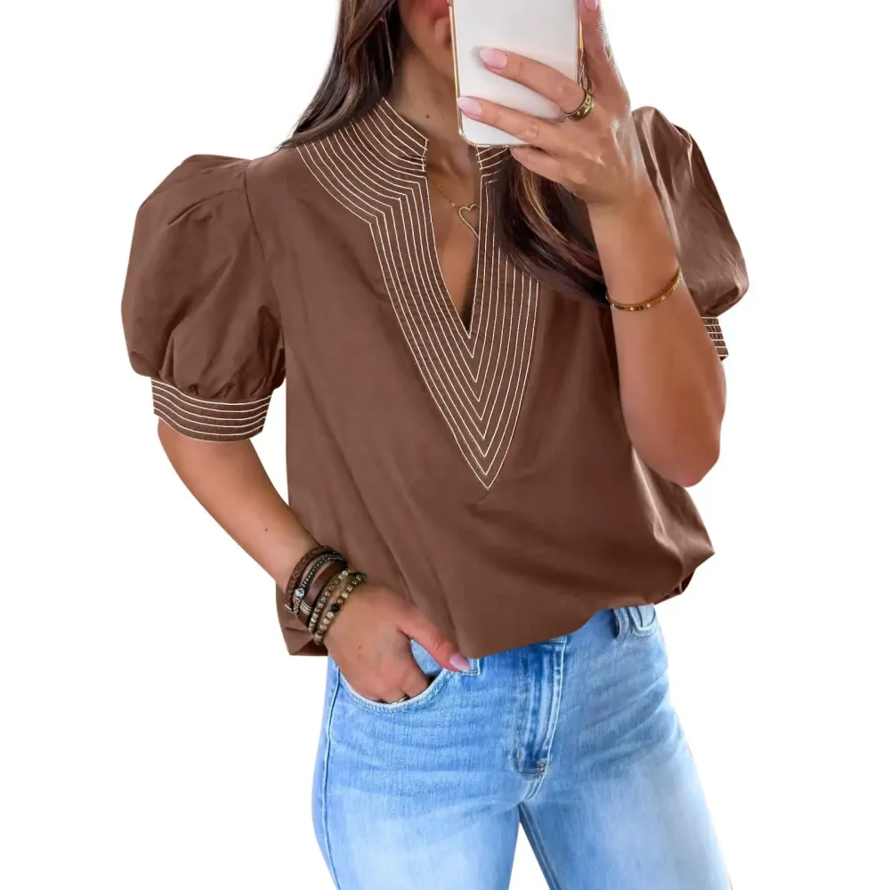 Womens Puff Short Sleeve Blouses Summer Casual Dressy Contrast Stitch