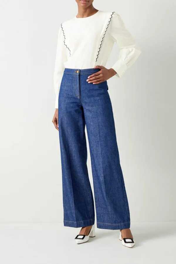 White Scallop Detail Long Sleeve Blouse