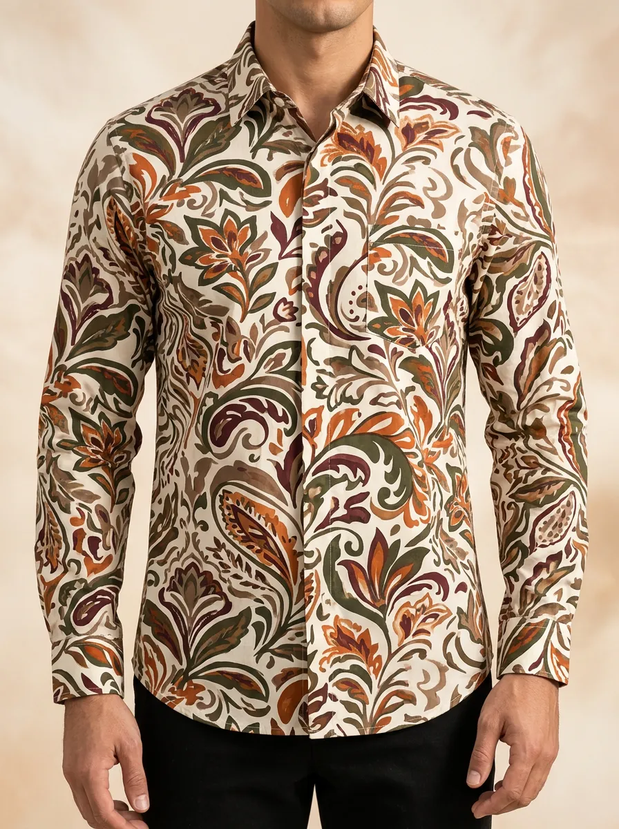 Men's Floral and Vintage Long Sleeve Art Shirt