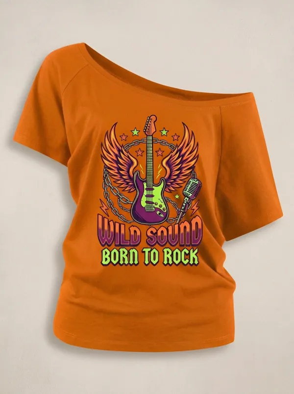 Women's Rock Music Lover Winged Guitar Microphone Printed Off-Shoulder Top
