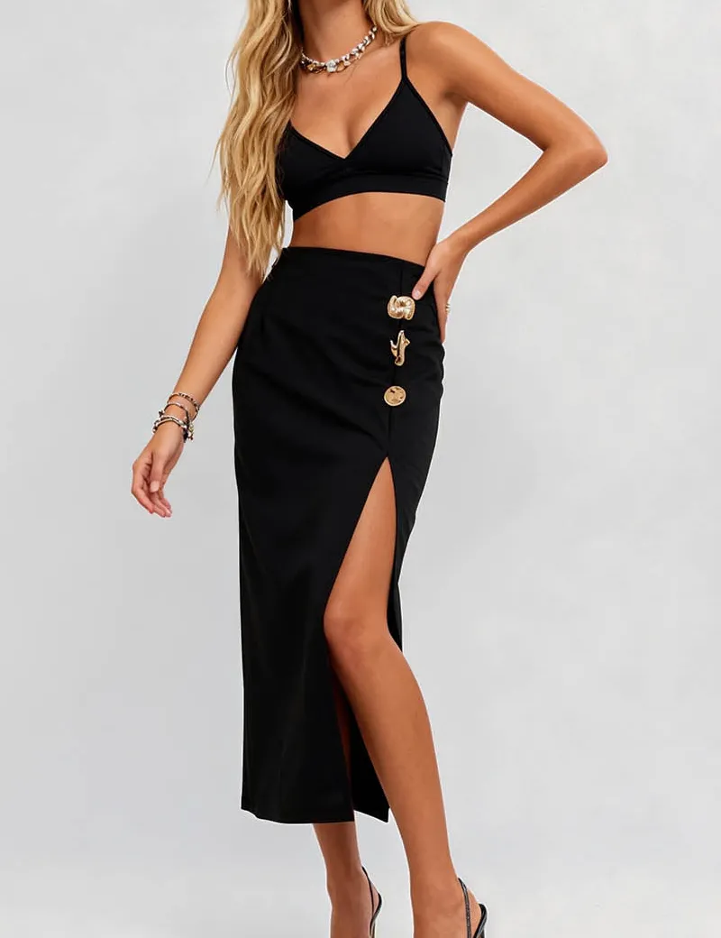 Metal Buckle Split Hip Wrap Midi Skirt