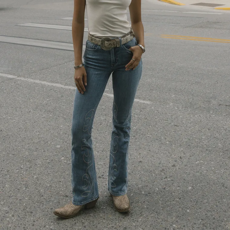 High Rise Bootcut Stretch Denim Embroidered Jeans