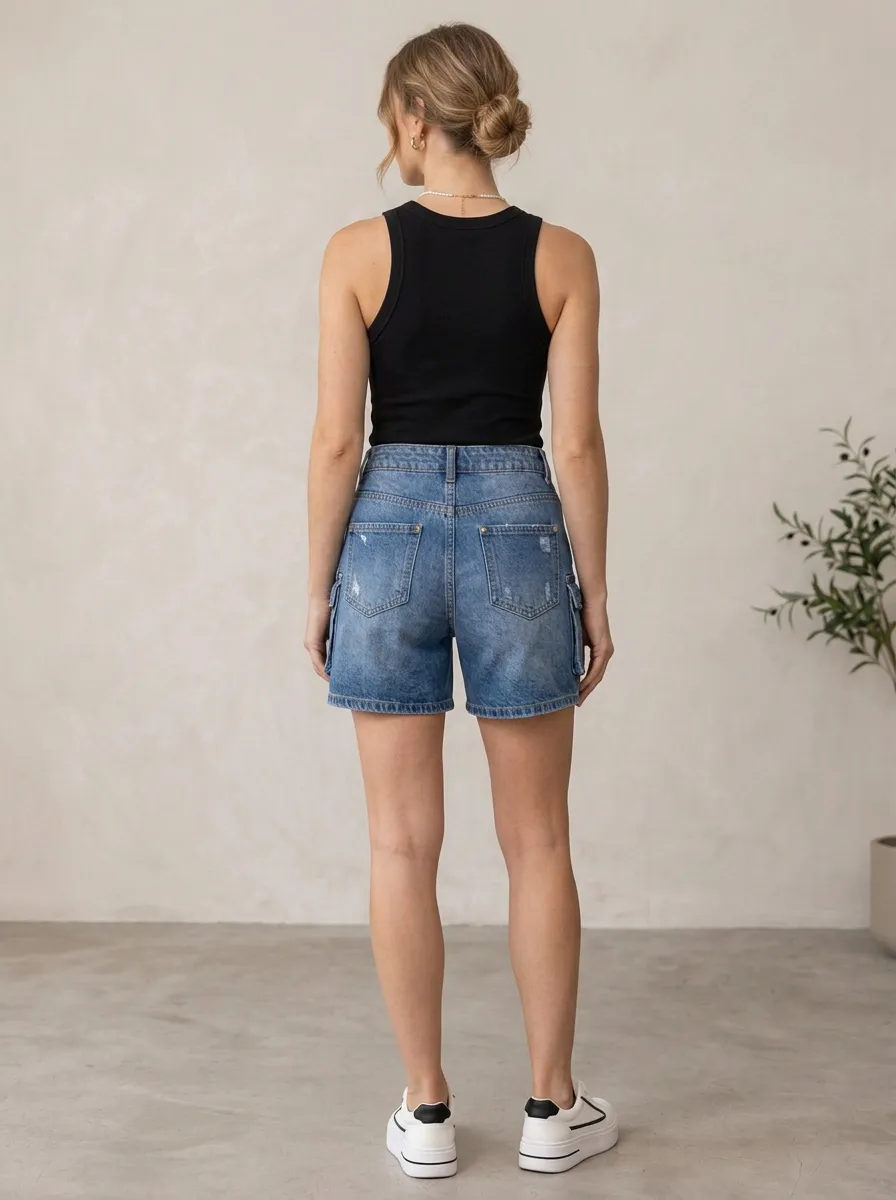 Women's Street Casual Streetwear Distressed Cargo Denim Shorts