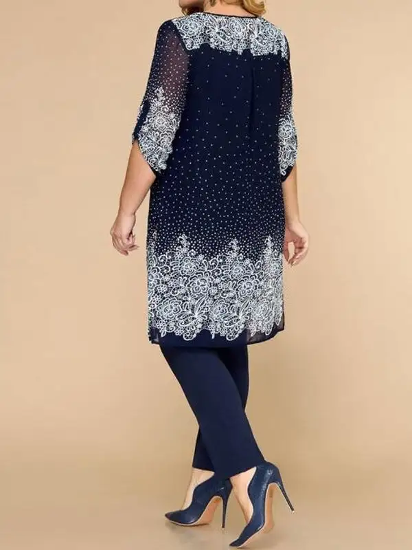 Three-Piece Suit Of Round Neck Vest Printed Long-Sleeved Top Coat And Trousers