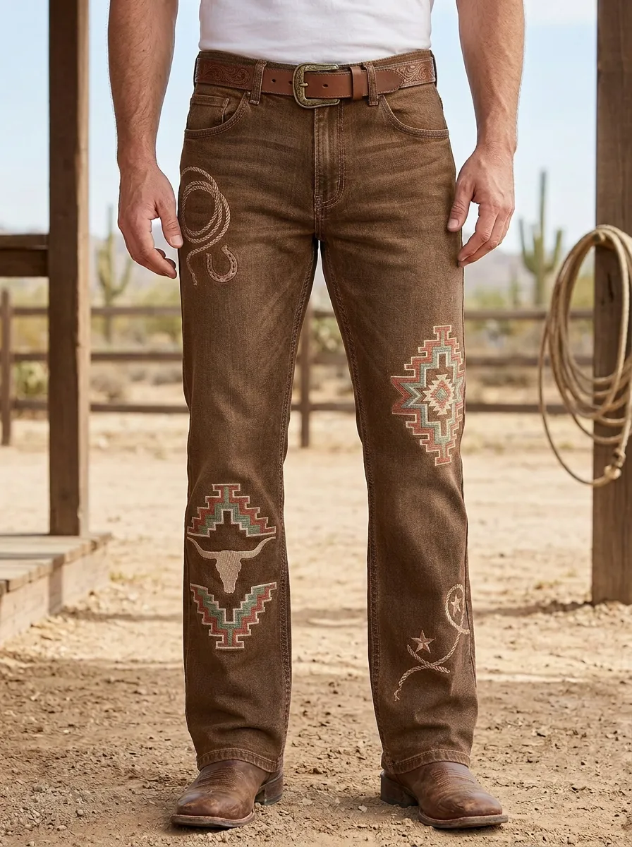Men's Western Cowboy Southwestern Skull Jeans