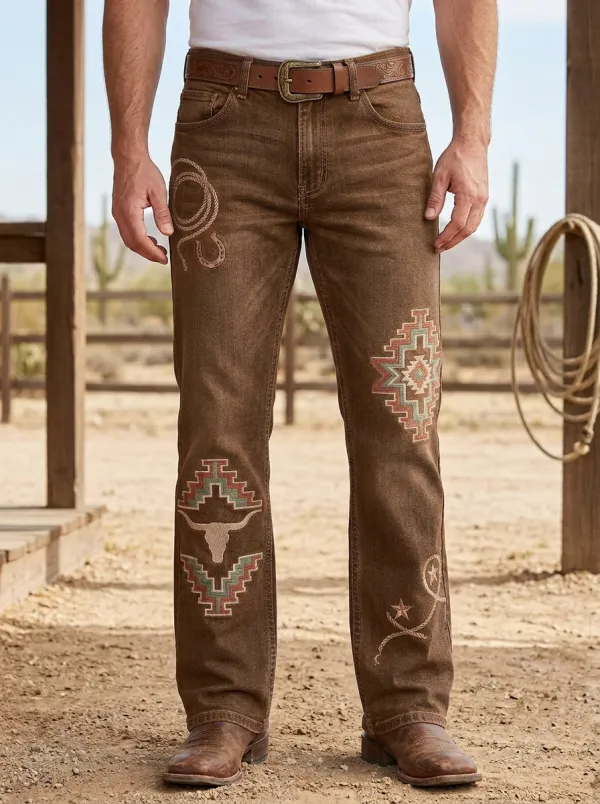Men's Western Cowboy Southwestern Skull Jeans