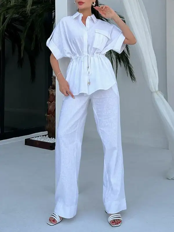 Relaxed Drawstring Blouse And Pants Set