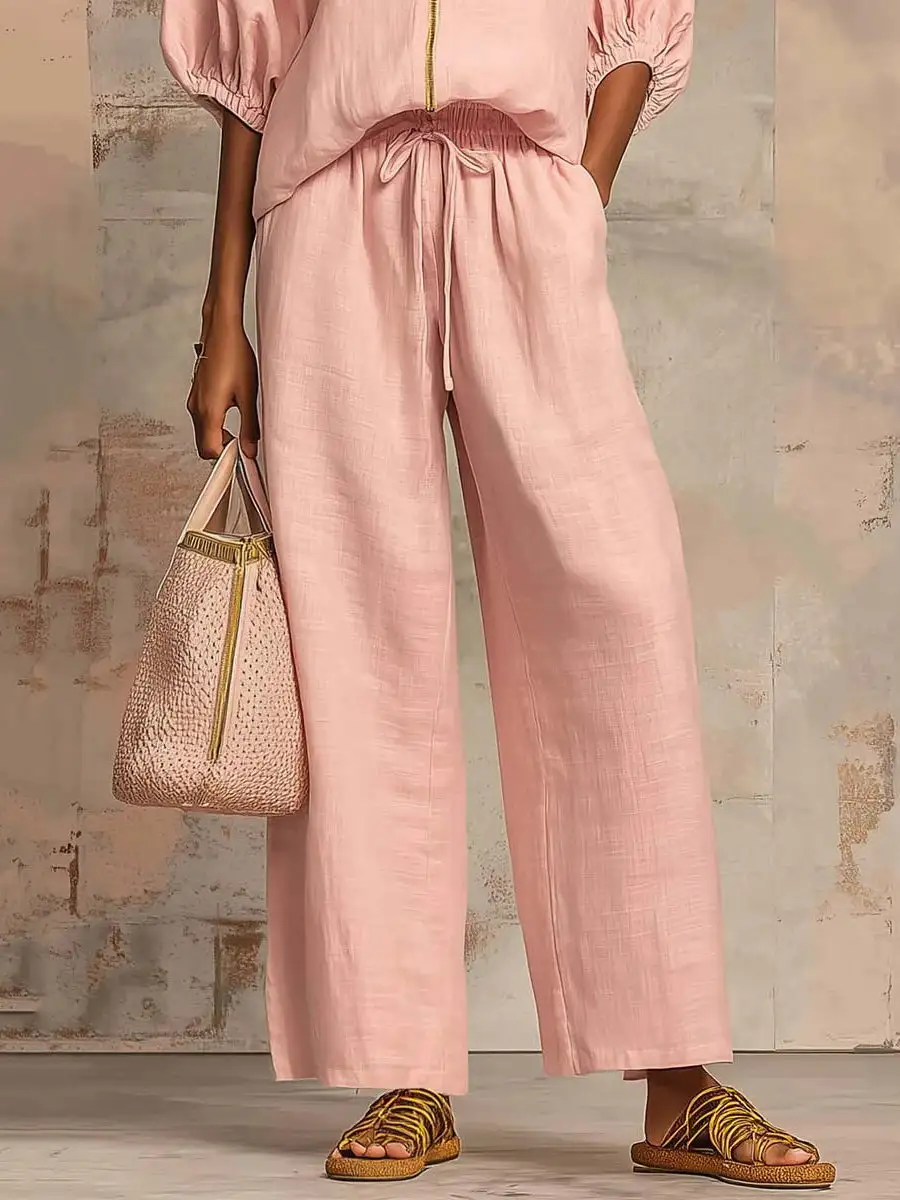 Half Sleeve Relaxed Drawstring Blouse And Pants Set