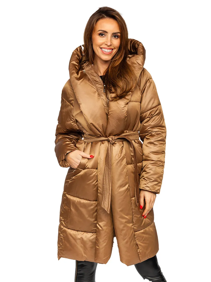 Camel women's long quilted winter jacket with hood