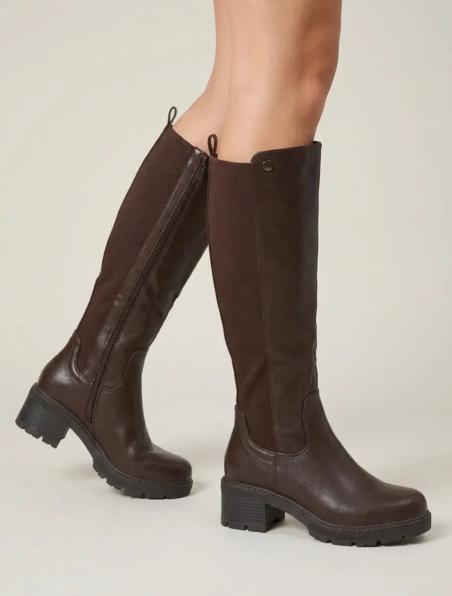 Bold Detail Stretch Panel Block Heel Faux Leather Knee High Boots