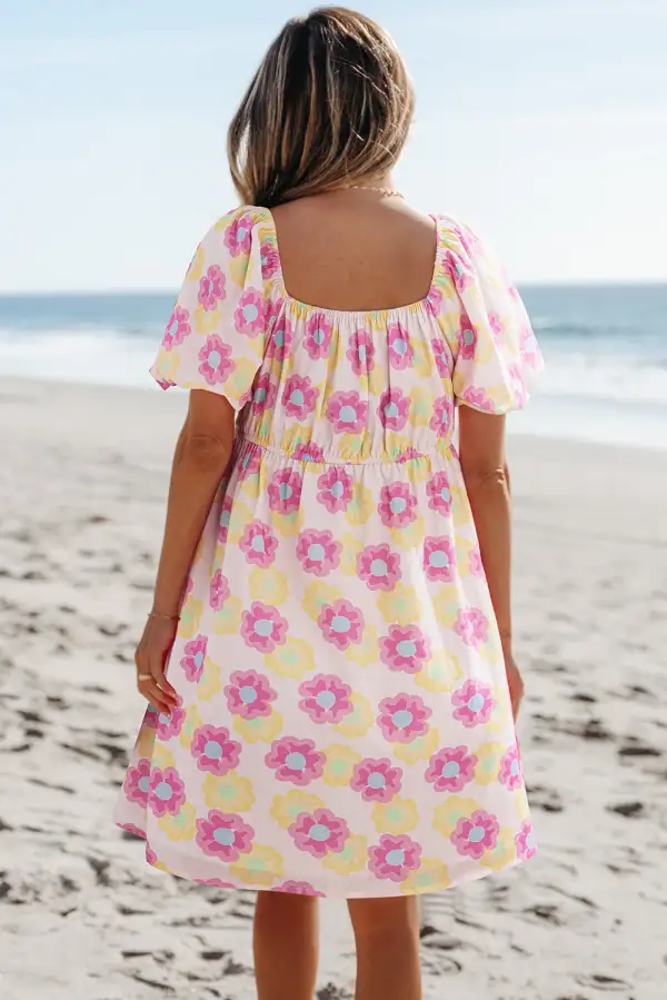 Floral Pleated Puff Sleeve Mini Dress