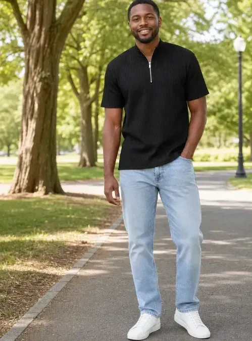Men's Short Sleeve Zip Mock Neck Knit Top