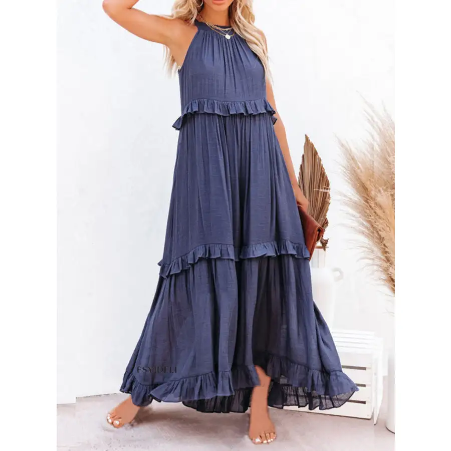 Ruffled Sleeveless Maxi Dress with Pockets
