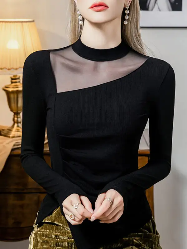 Long Sleeve Curve Fit Asymmetric Sheer Front Slit Panel Detail Round Neck T-Shirt
