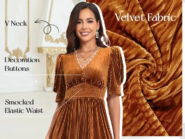 Women’s  Velvet Wedding Guest Dress - Fall Formal Holiday V Neck Empire Waist Long Dresses