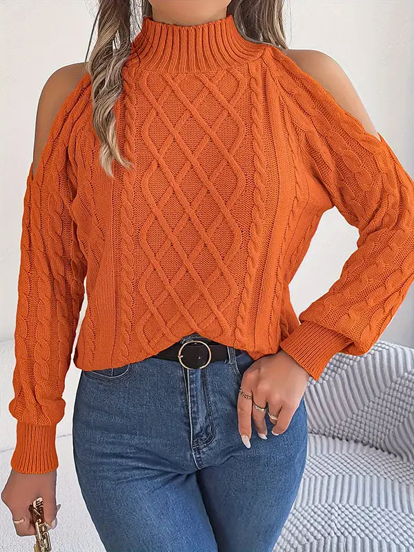 Openwork Cold Shoulder Long Sleeve Relaxed Fit Pullover Sweater