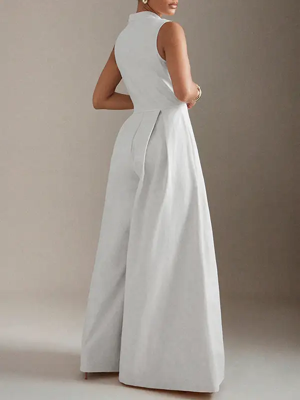 Mouwloze Jumpsuits Met Wijde Pijpen Geplooide Effen Kleur