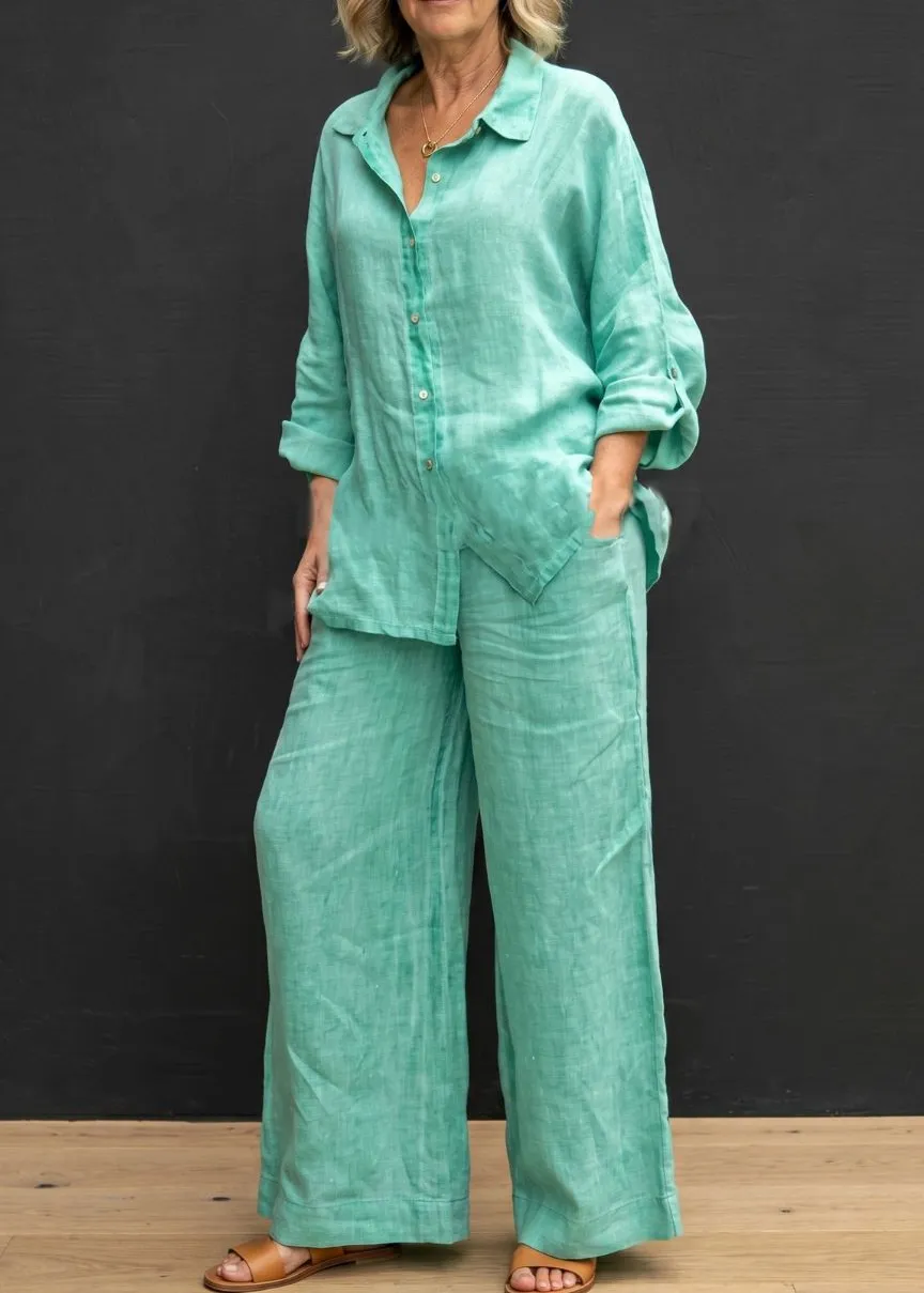 Casual Cozy Breathable Shirt and Wide Leg Pants Outfit