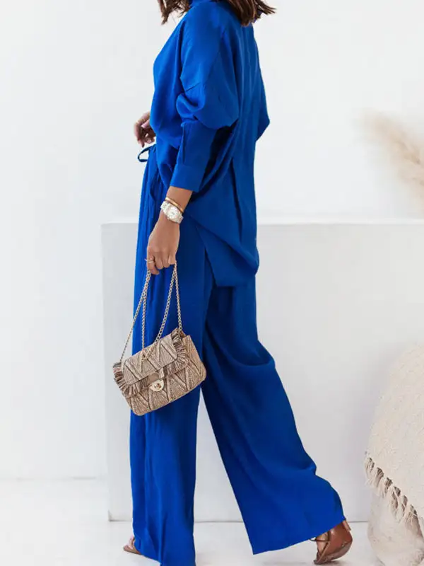 Long Sleeve Buttoned Pocket Blouse And Pants Set