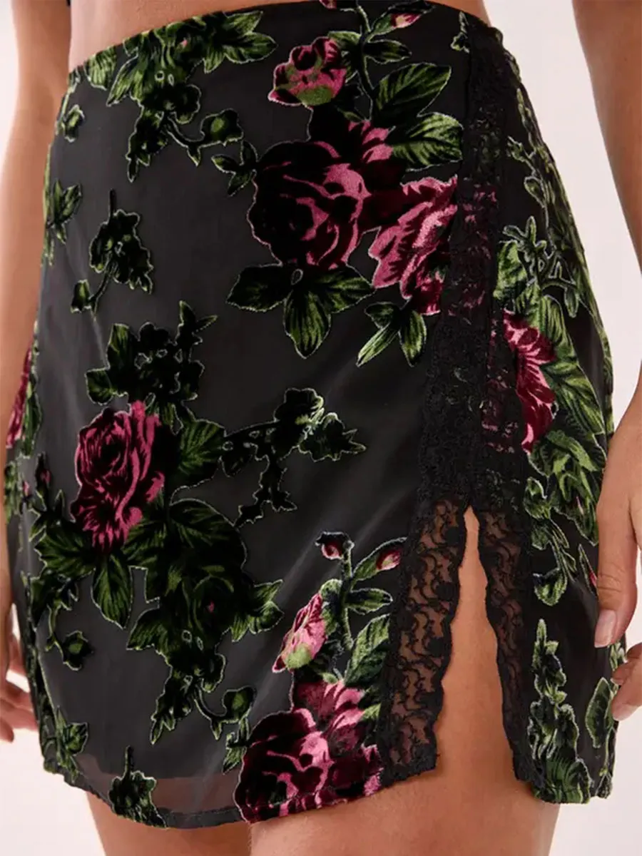 Women's Black Rose Print Lace Slit Mini Skirt