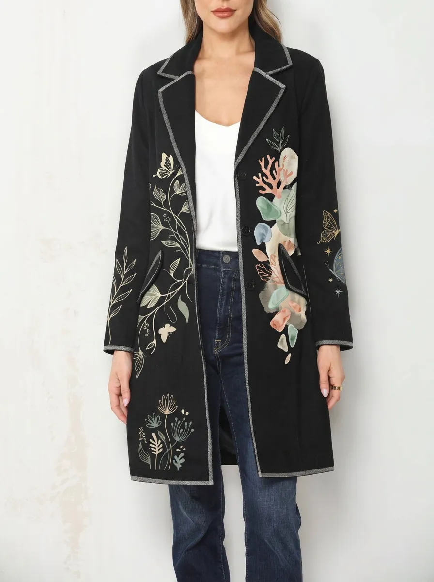 Women's Botanical Butterfly Coral Printed Long Coat