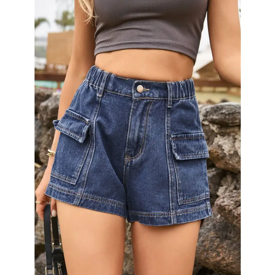 Textured High Waist Denim Shorts with Pockets