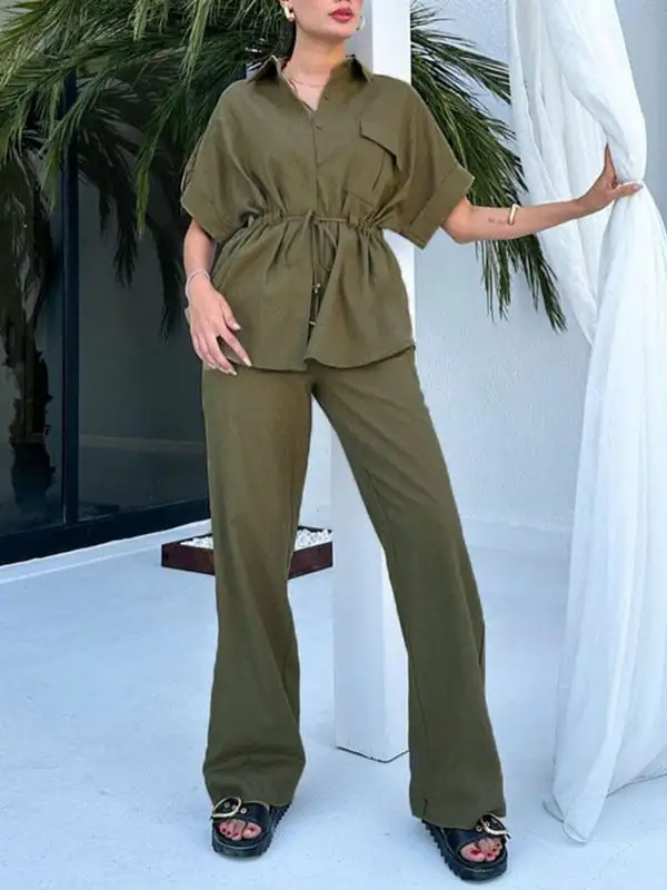Relaxed Drawstring Blouse And Pants Set