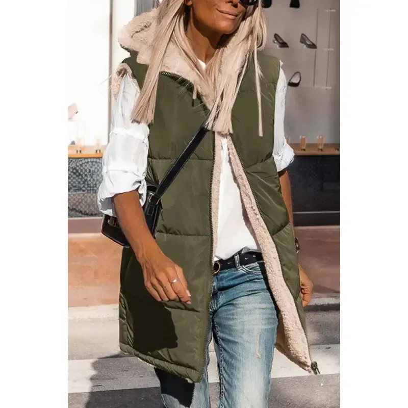 Women's military green double-faced fleece vest with pockets and a hood, long zip-up coat