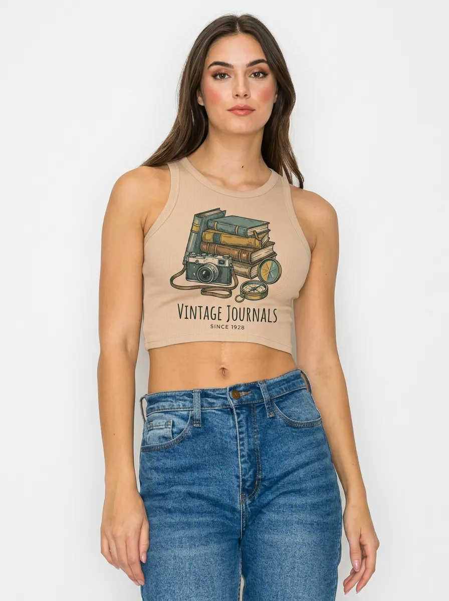 Women's Book Lover Vintage Journals Camera Compass Printed Crop Top