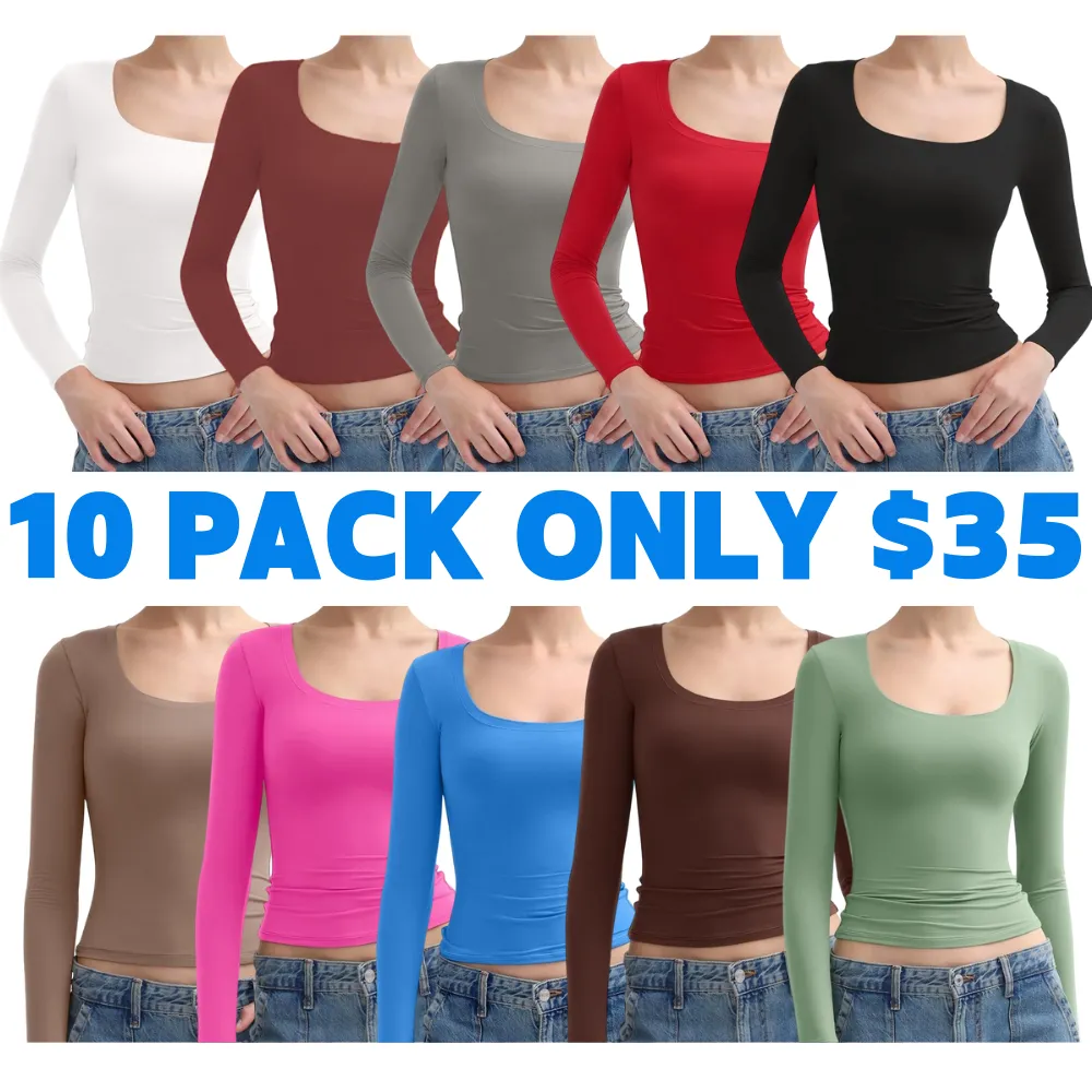 Women‘s Scoop Neck Long Sleeve Top Double Layer Slimfit Fall Outfits