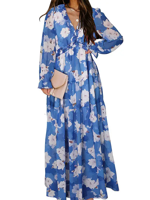 High Pleated Ruffled Long Neck Maxi Dress