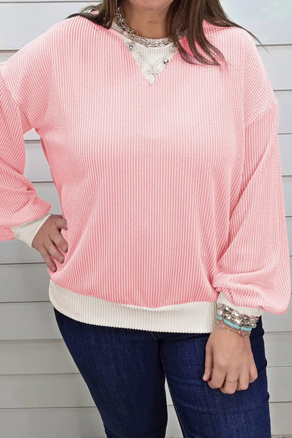 Color Block V Neck Ribbed Relaxed Viscose Blend Long Sleeve Top
