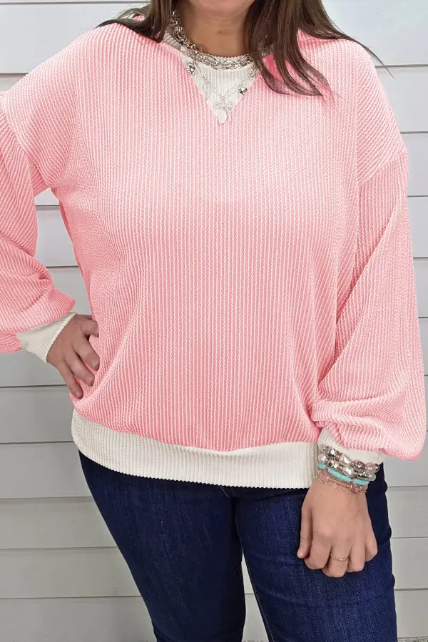 Color Block V Neck Ribbed Relaxed Viscose Blend Long Sleeve Top