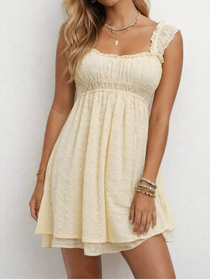 Eyelet Embroidery Square Neck Ruffle Mini Dress