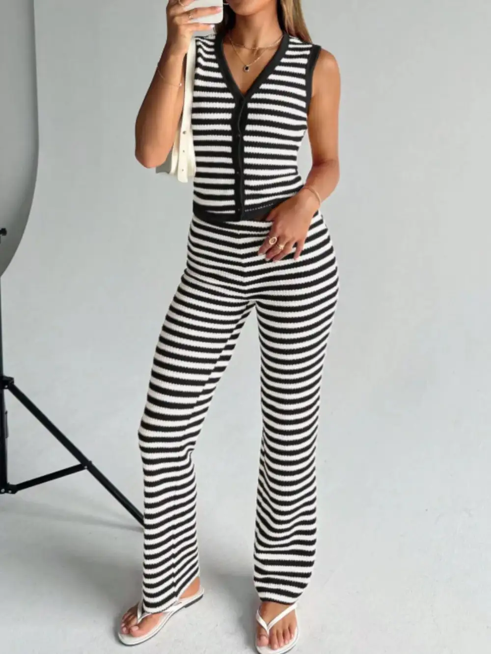 Striped Knit V Neck Button Up Sleeveless Top and Flare Pants Set
