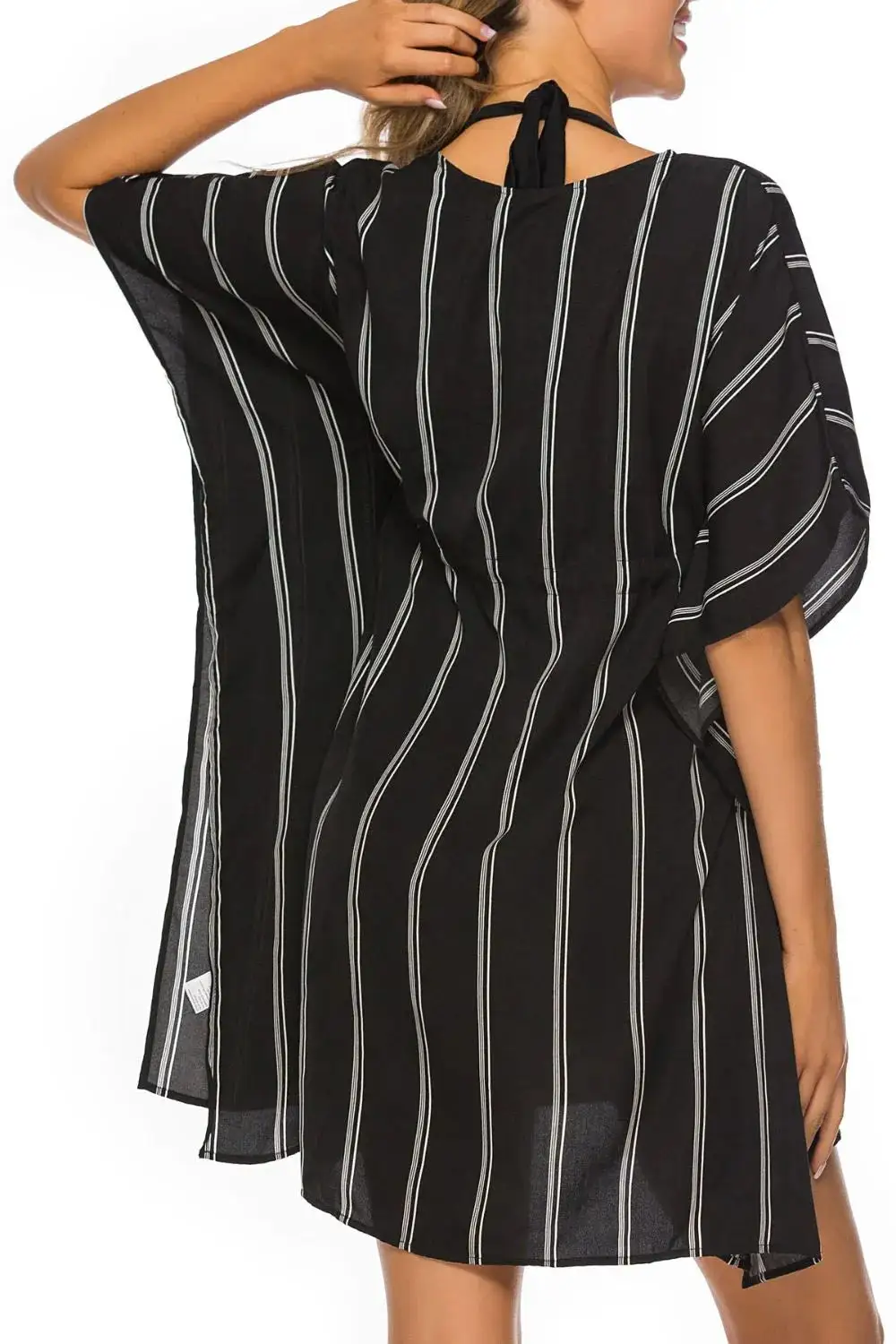 Drawstring Striped V Neck Swim Cover Up