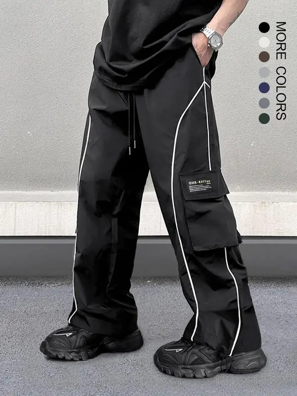 Men’s Loose Fit Cargo Pants with Letter Patch & Contrast Binding – Casual Drawstring Trousers for Spring, Fall & Winter