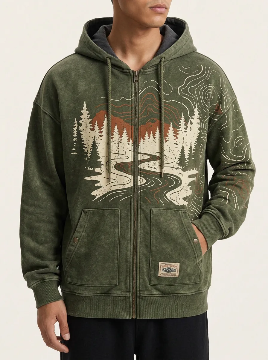 Men's Outdoor Nature Lover Forest Mountain Printed Zip-up Hoodie
