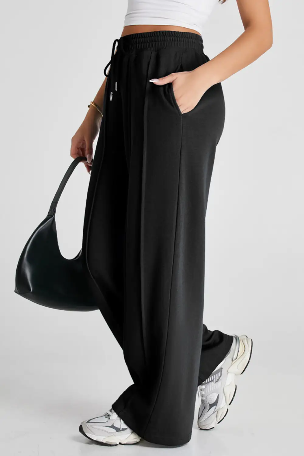 High-Waist Wide-Leg Drawstring Seamed Sweatpants