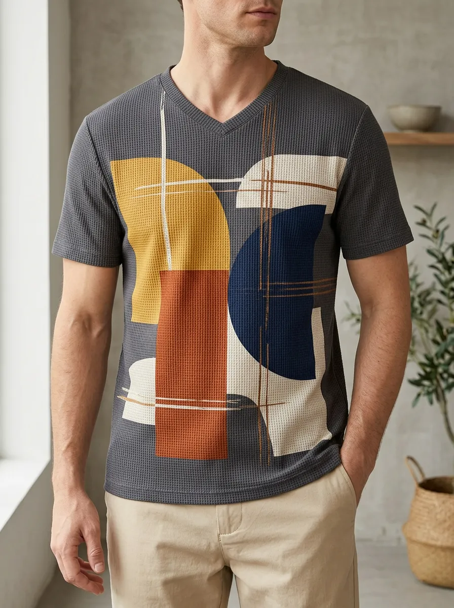 Men's Dynamic Abstract Geometric Pattern Waffle V-Neck T-Shirt