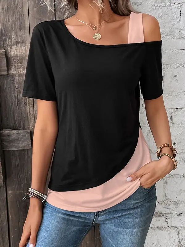 Relaxed Short Sleeve Asymmetric Contrast Panel Detail Cold Shoulder T-Shirt