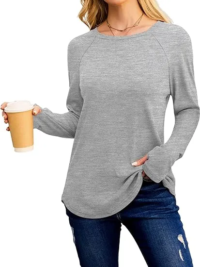 Womens Tunic Tops to Wear with Leggings Long Sleeve Thumb Hole Shirts Crew Neck Curved Hem