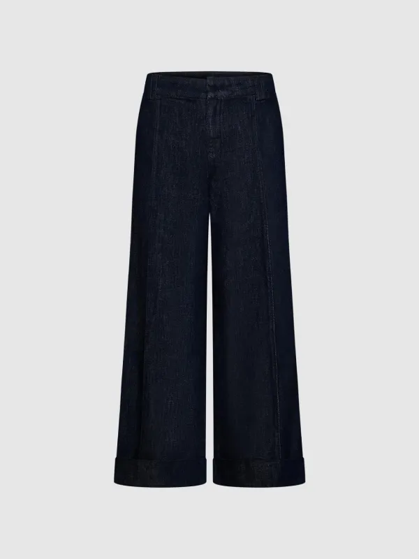 Ladies' Dark Blue Retro-Style Wide-Leg Denim Trousers